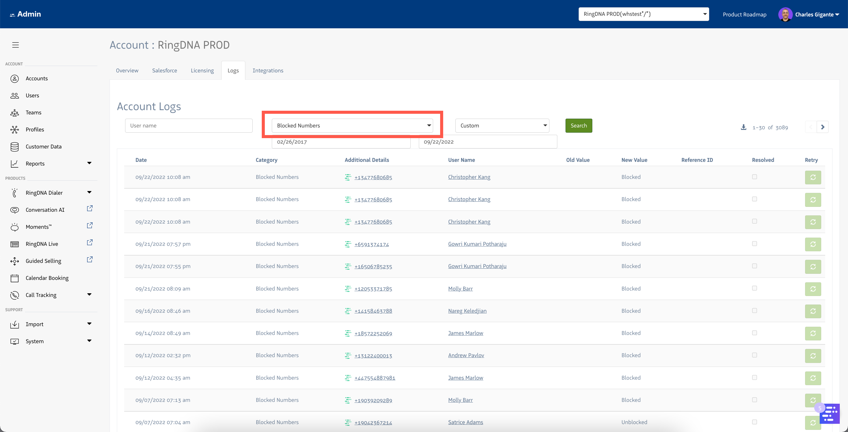 Account Logs - Blocked Numbers