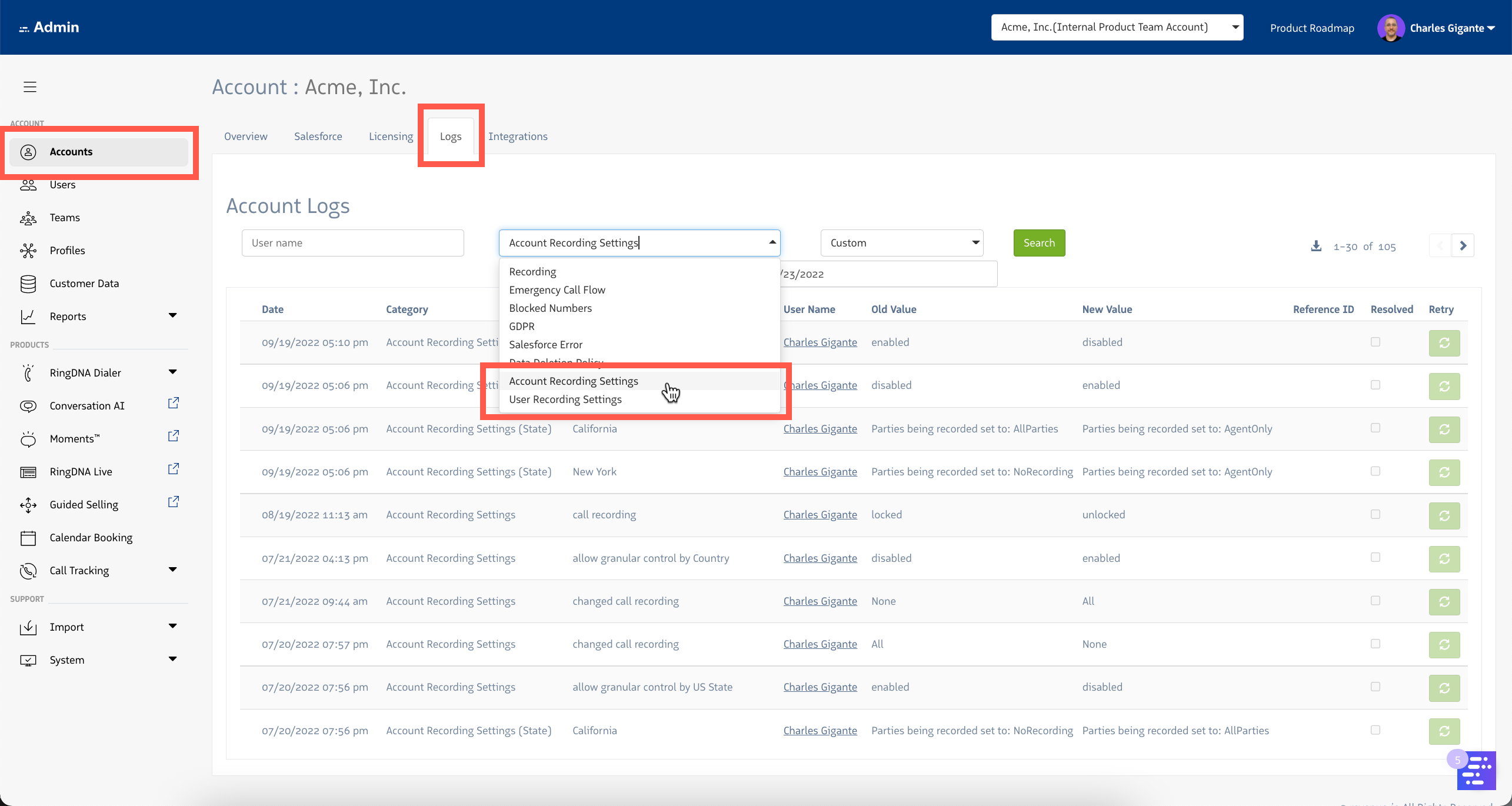 Account Logs - Recording Settings Logs