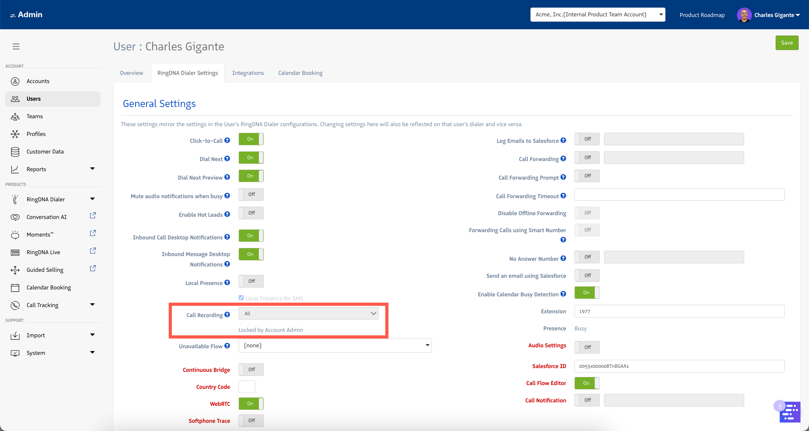User Call Recording Setting