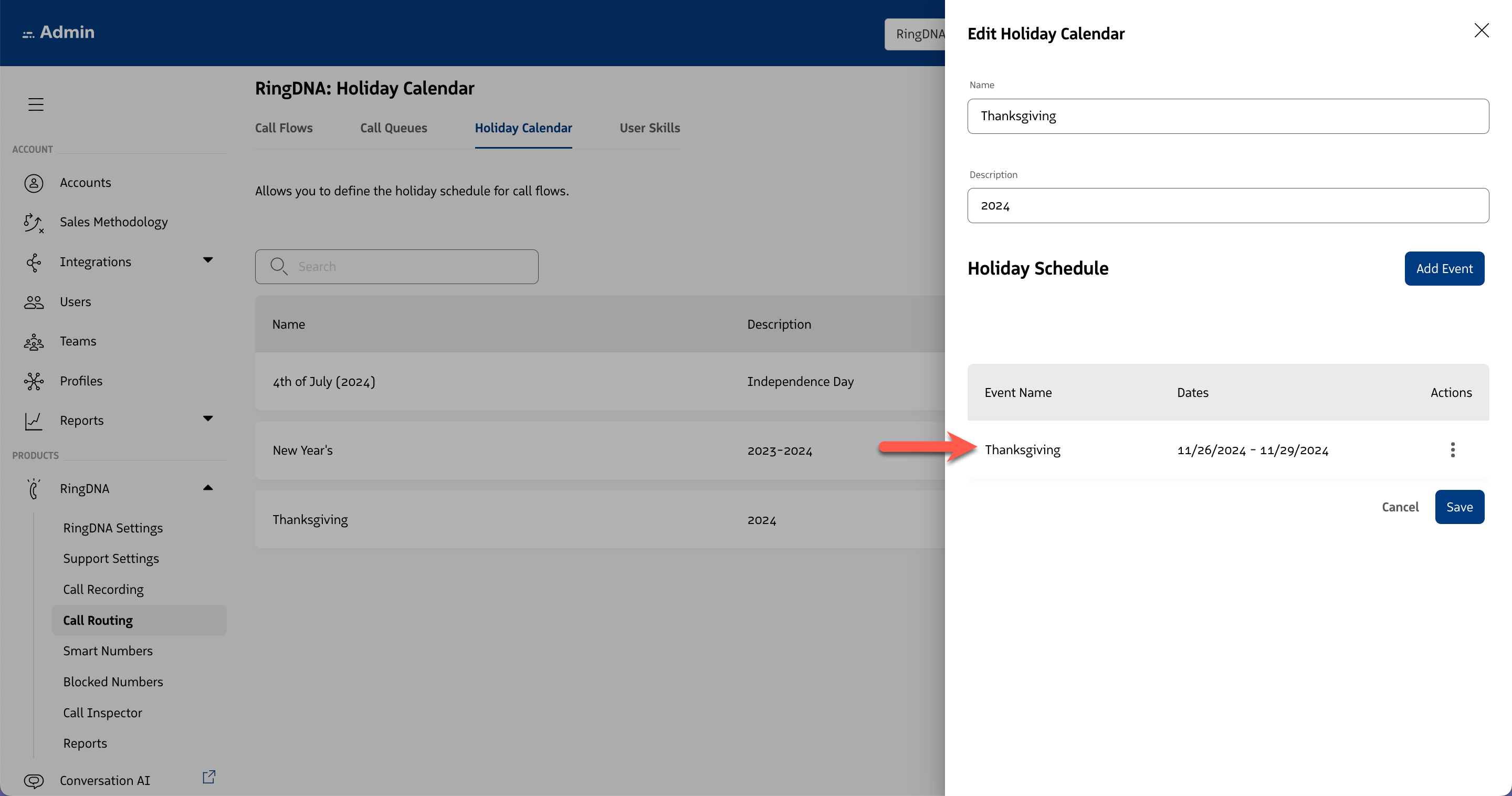 Holiday Calendar with Event