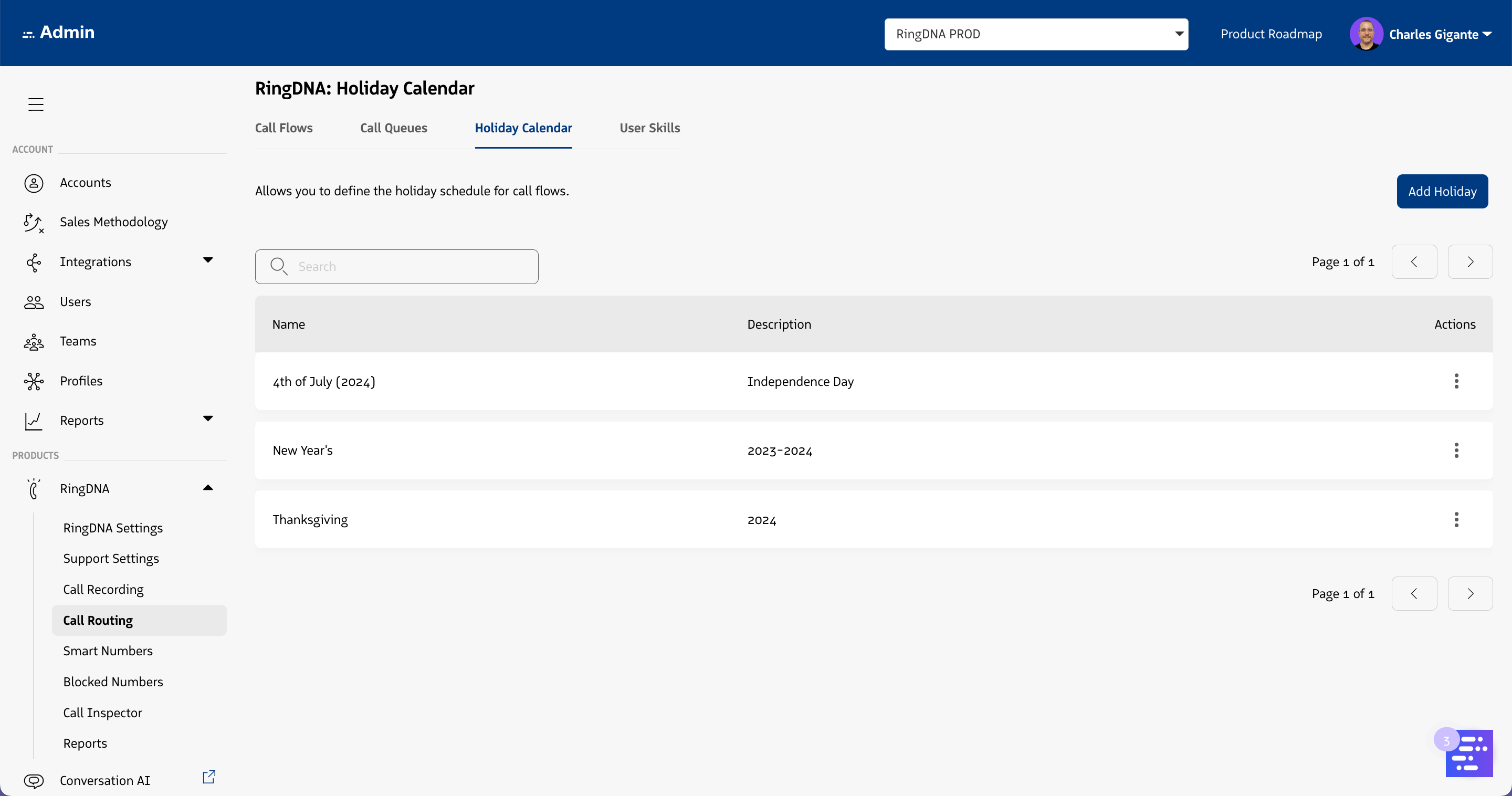 Holiday Calendar Table