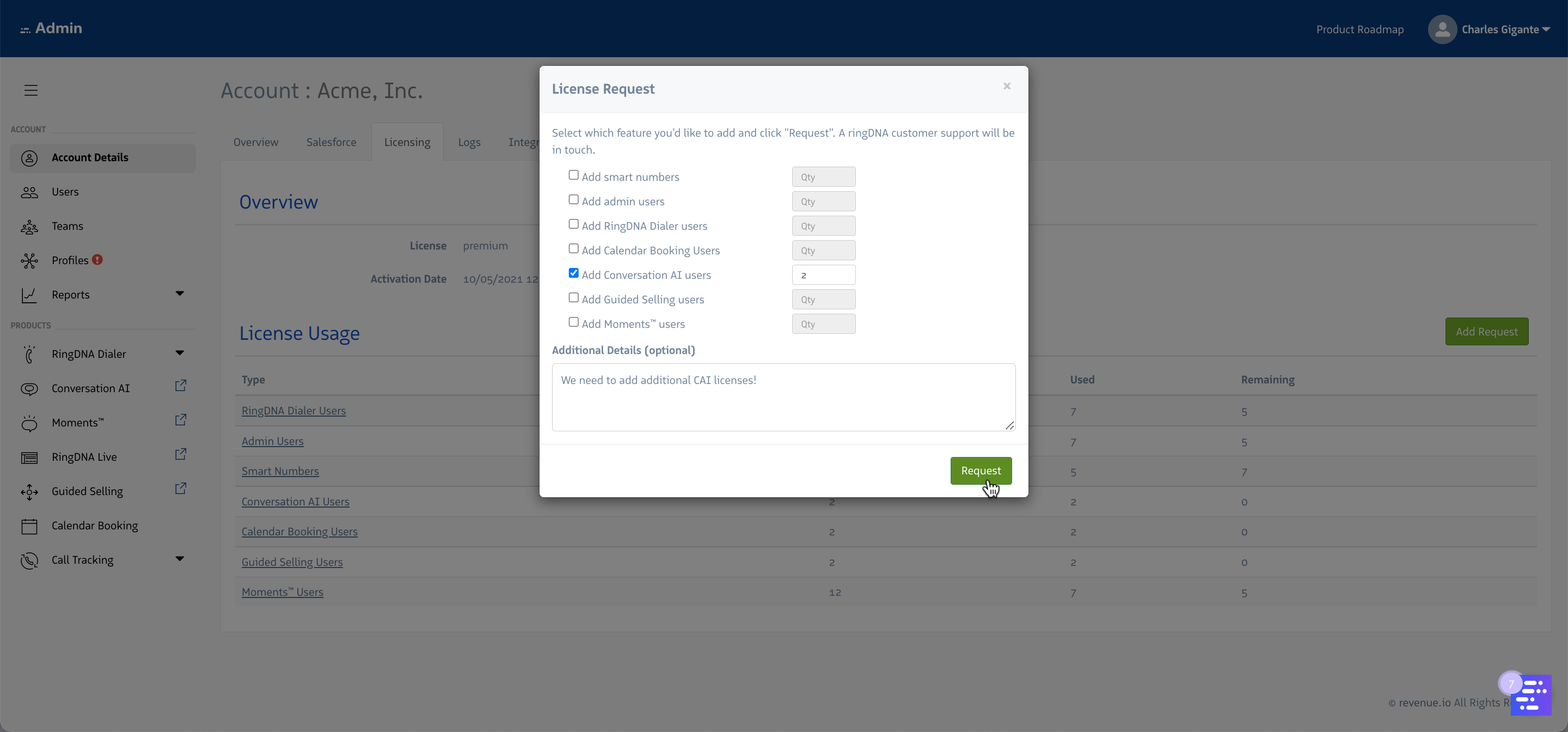 Request Licenses Modal