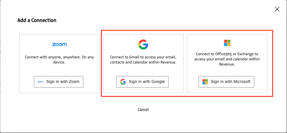 Choose Gmail or Microsoft Office 365/Exchange calendar options