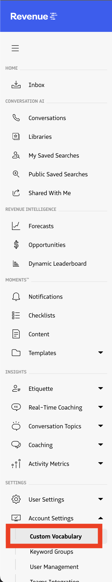 Custom Vocabulary menu