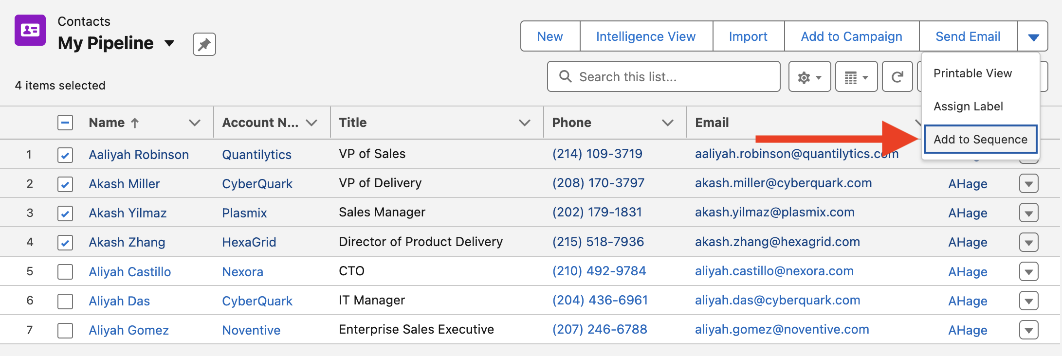 A Salesforce Contact List named My Pipeline with the first four Contacts selected.