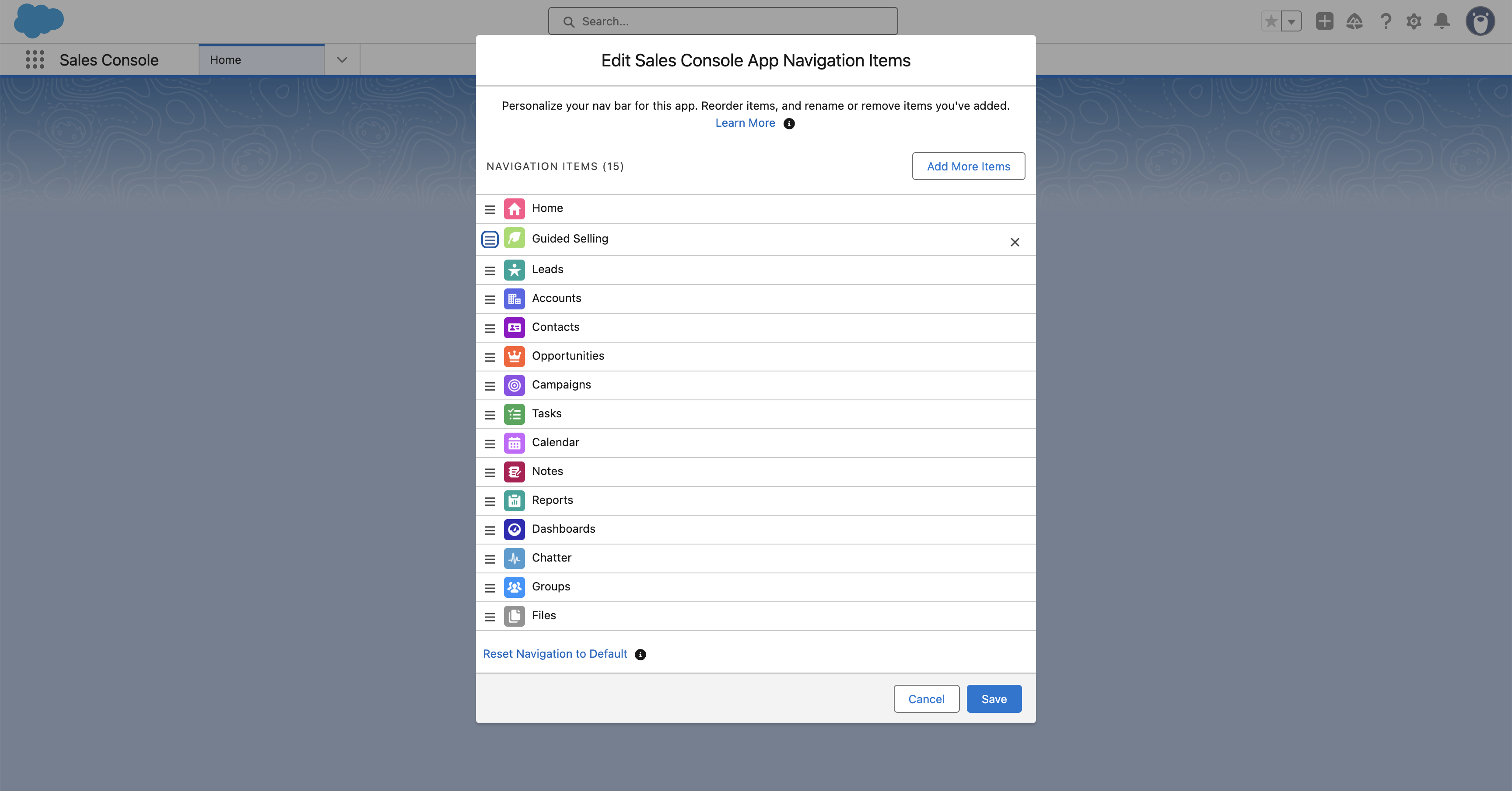 Screenshot of the Salesforce App Navigation Items Drop-Down