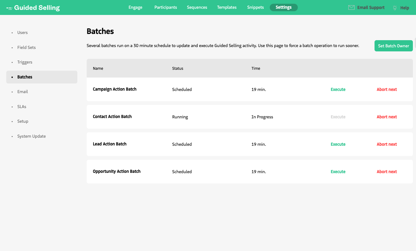 Guided Selling batch settings page