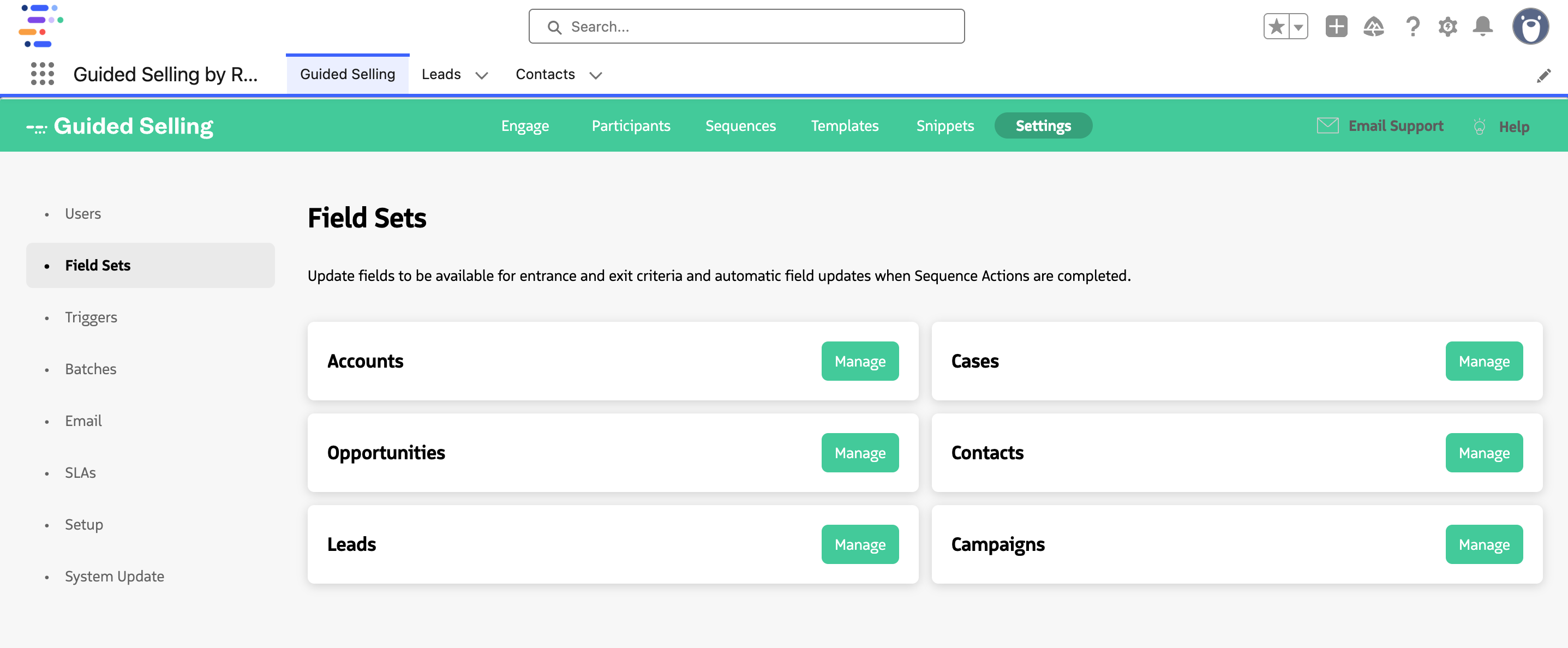 The Guided Selling Settings page showing field set management buttons for Leads, Contacts, Opportunities, and Campaigns