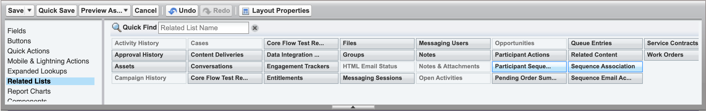 The page layout editor with Related Lists selected; Participant Action and Sequence Association are available to add.