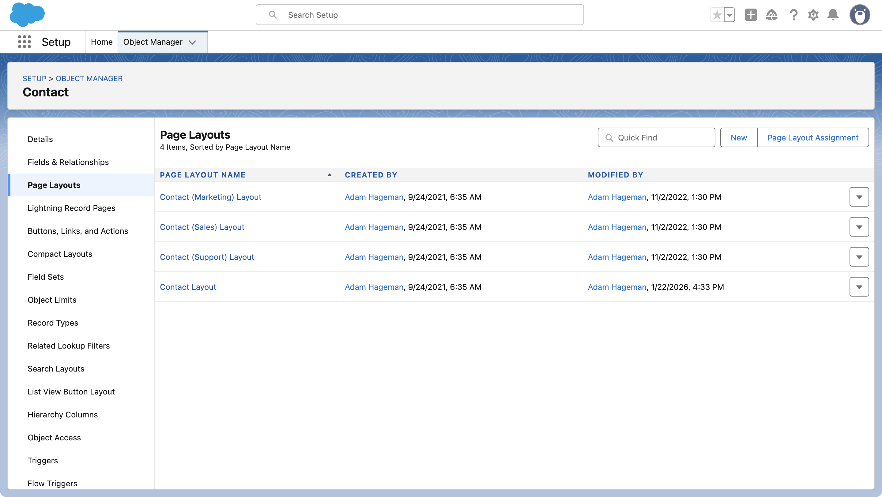 The Page Layouts page in Salesforce Object Manager showing a list of available page layouts for the Contact object.