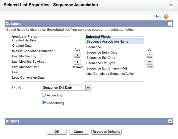 Sequence Association related list properties: field selection and sort options.