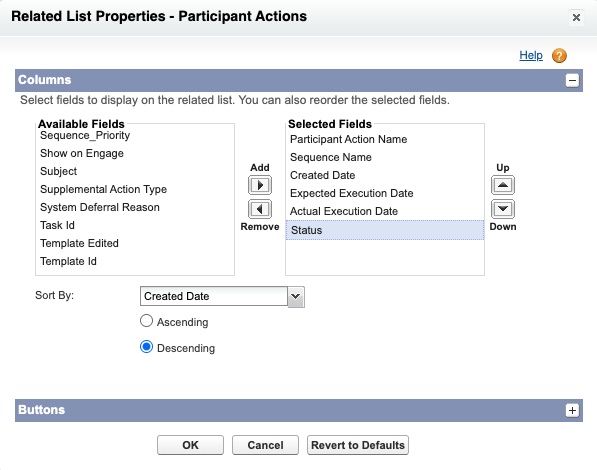 A Related List Properties showing the fields configurable to display in each column.