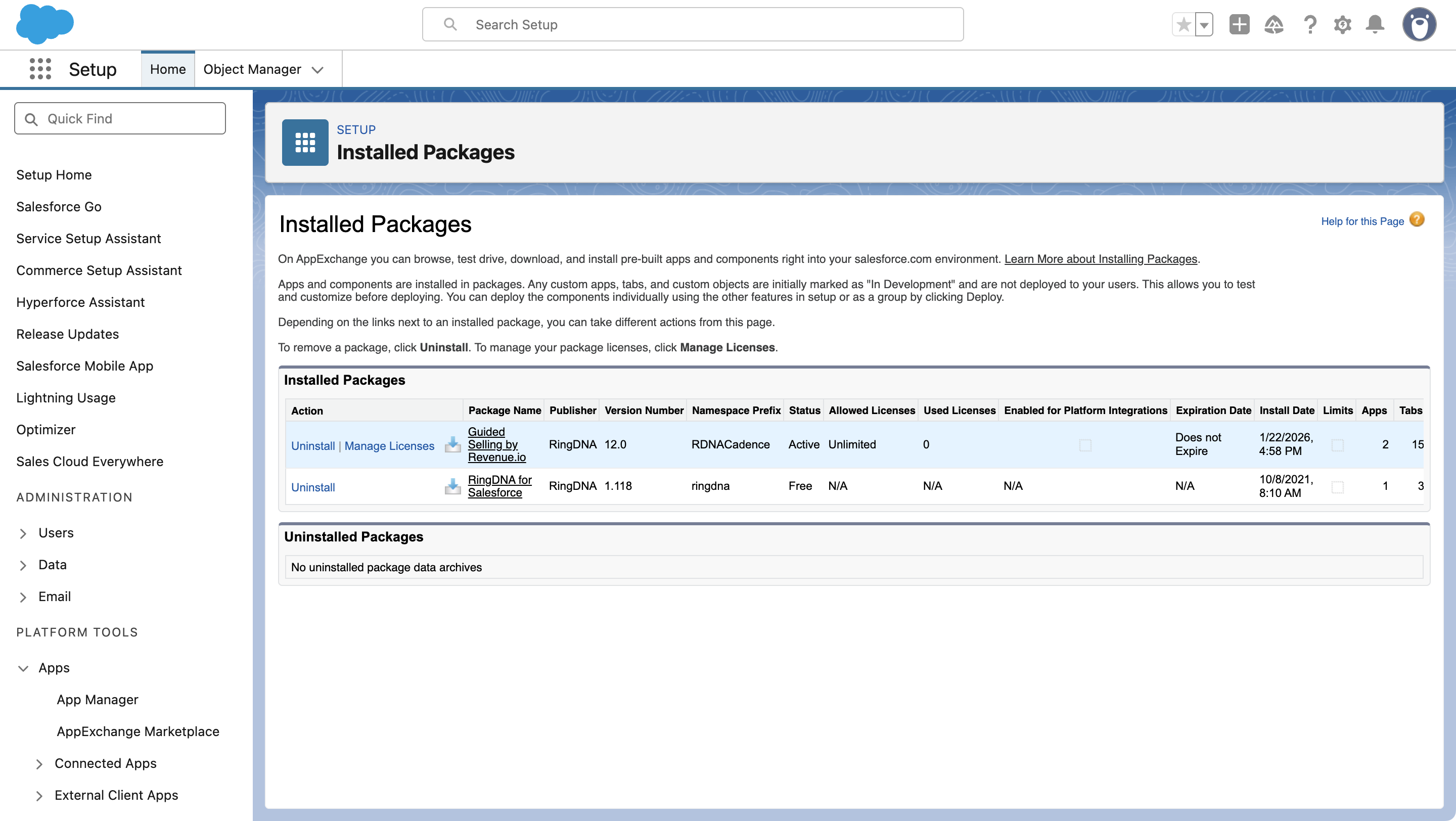 Salesforce Setup page showing the Installed Packages list with the Guided Selling by Revenue.io visible in the list.