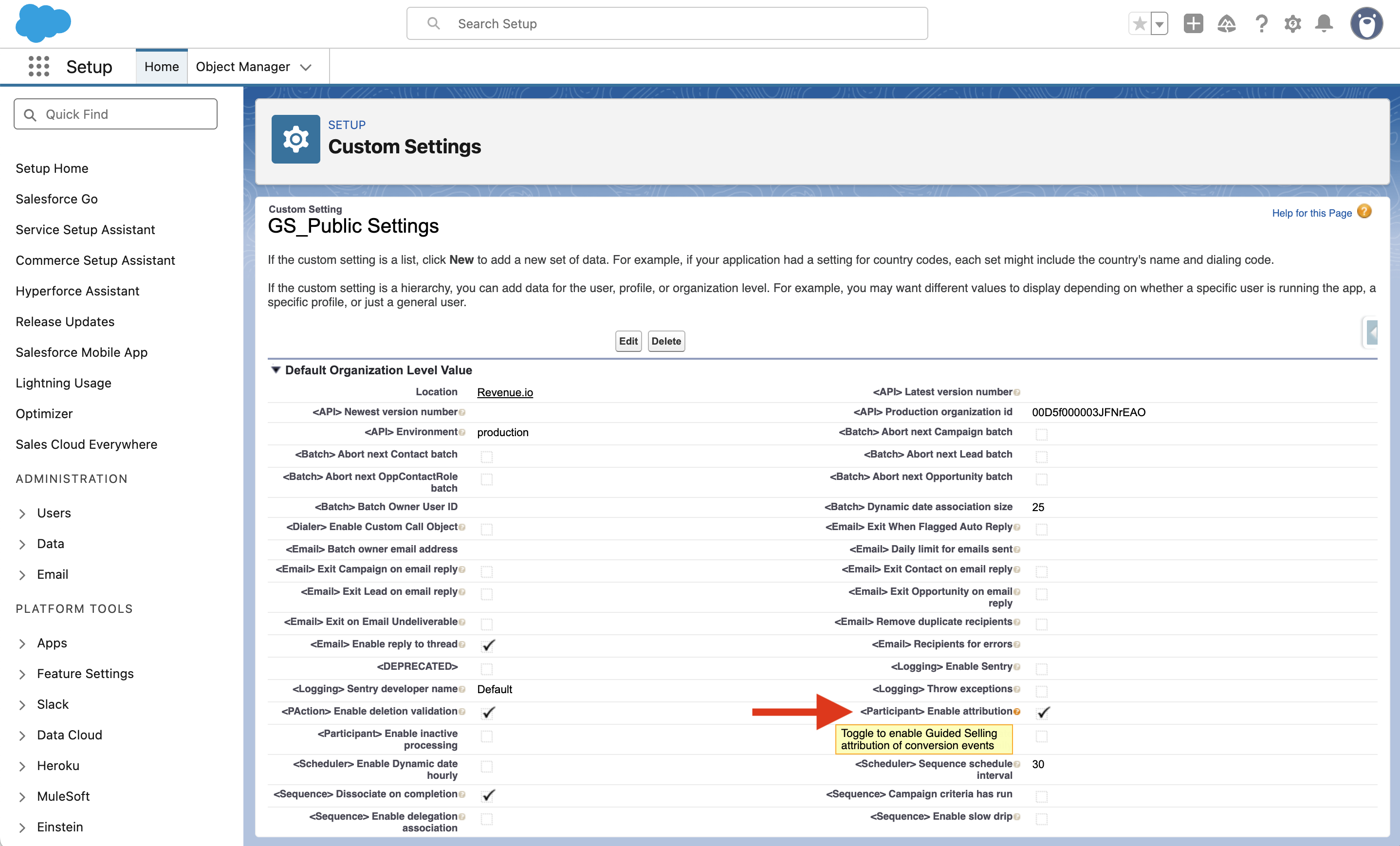 The GS-Public Settings custom setting page showing the Enable attribution checkbox set to True.