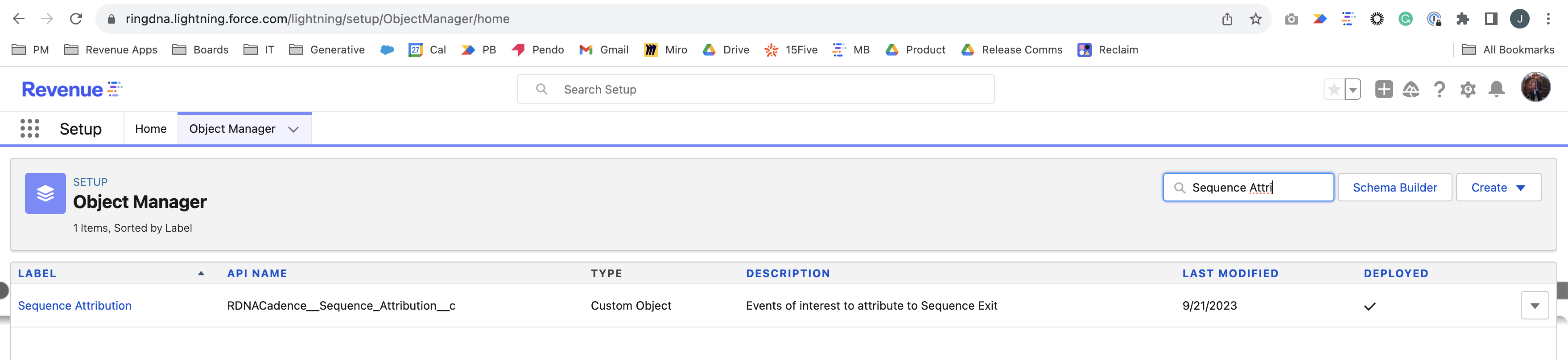 The Object Manager page showing the Sequence Attribution object selected.