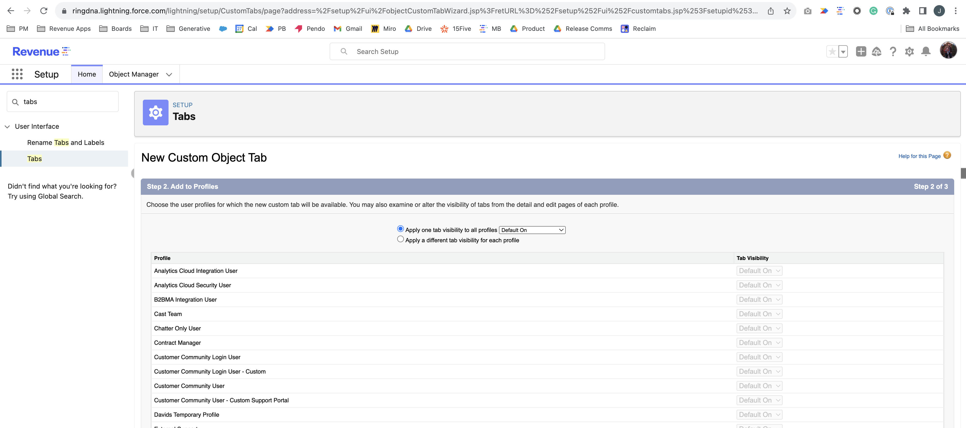 The tab profile visibility configuration page.