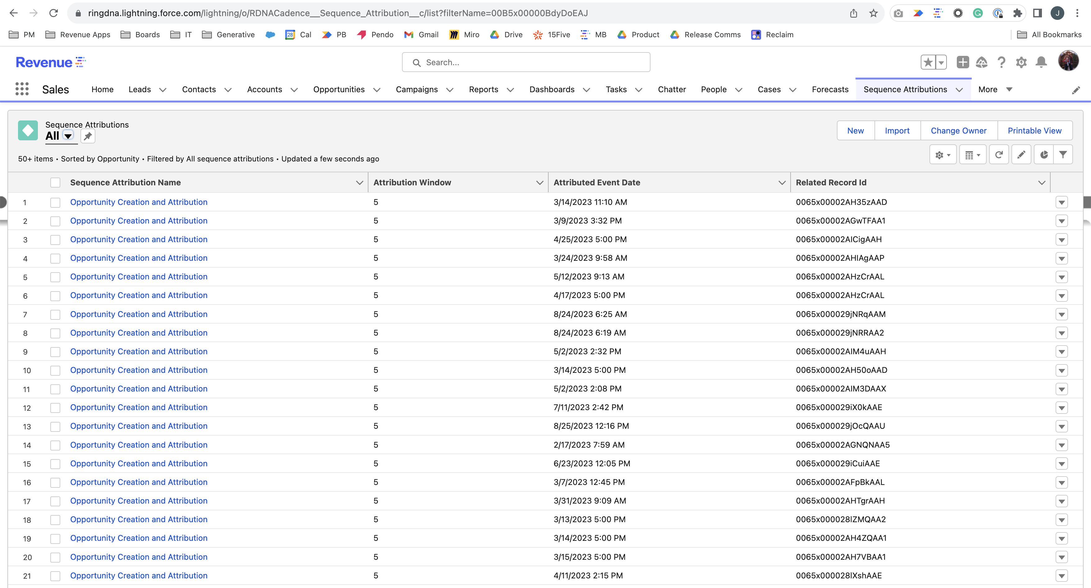 A list view of Sequence Attribution records showing multiple attribution events with their associated details.