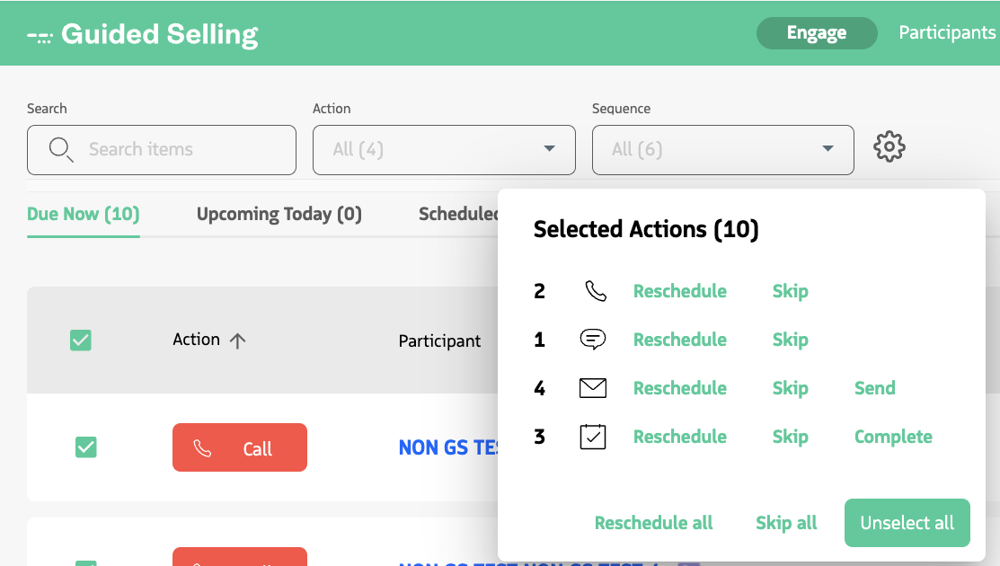 Bulk action menu with options to reschedule, skip, or send/complete selected actions.