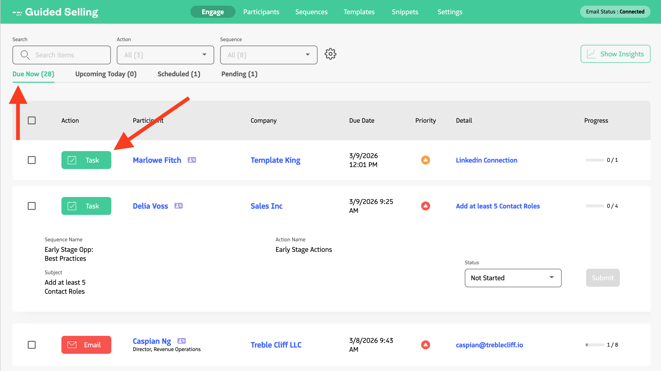 The Engage view with action buttons for Call, SMS, Email, and Task highlighted