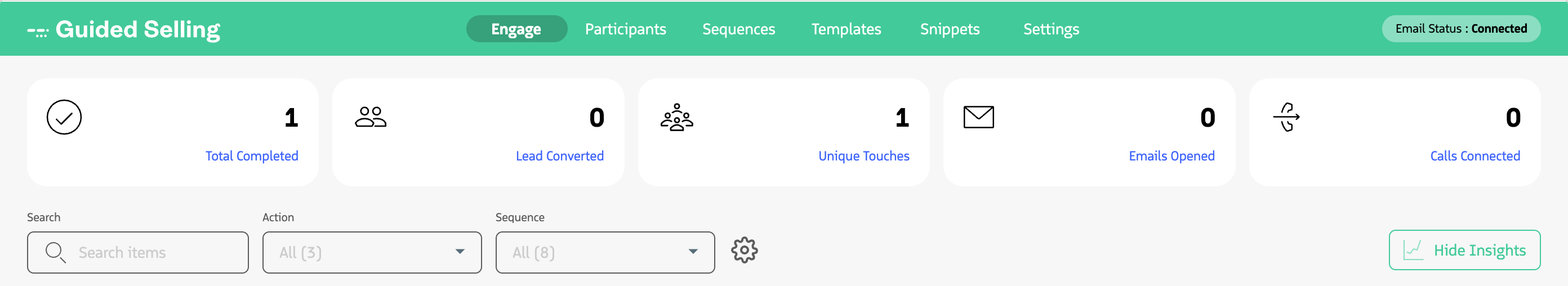 Engage view with Insights cards expanded, showing participant analytics.