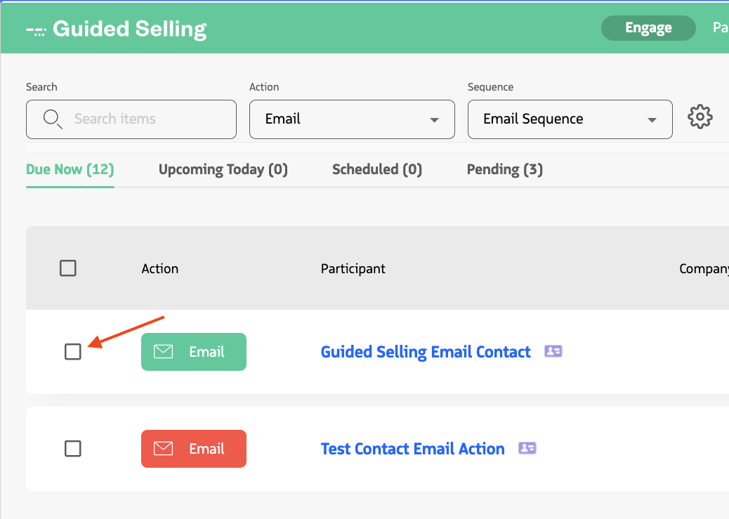 Engage view with multiple actions selected for reschedule