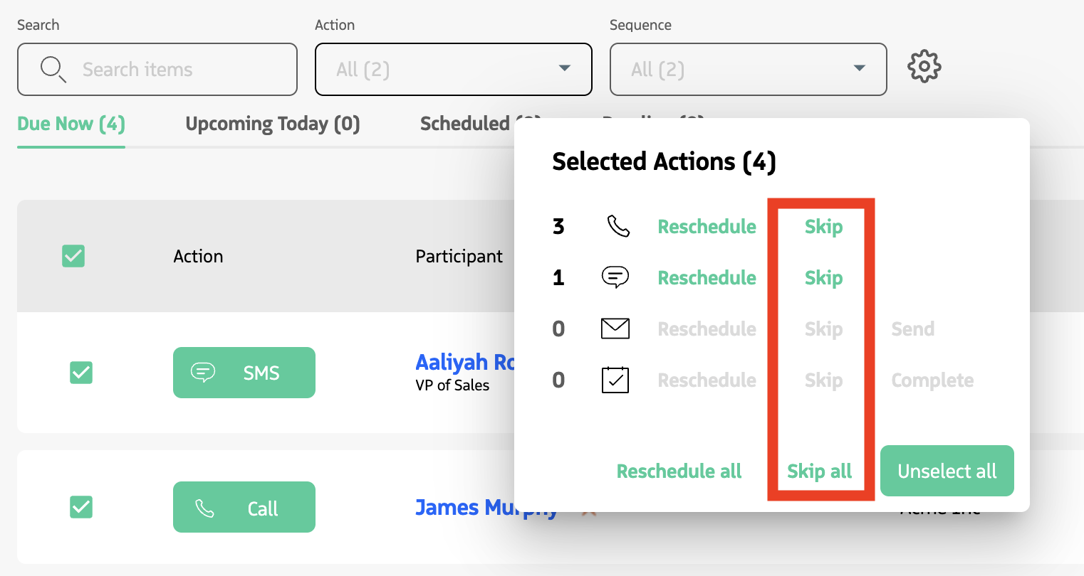 Bulk action menu in Engage showing Skip options