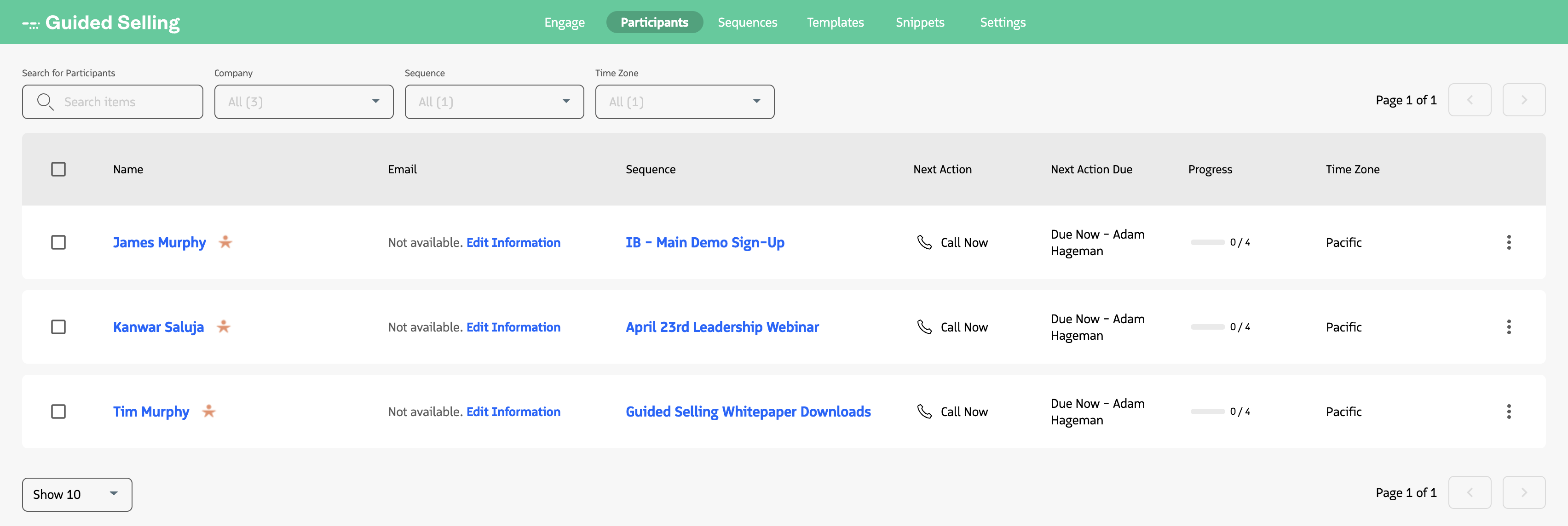 Screenshot of the Guided Selling Participant tab.