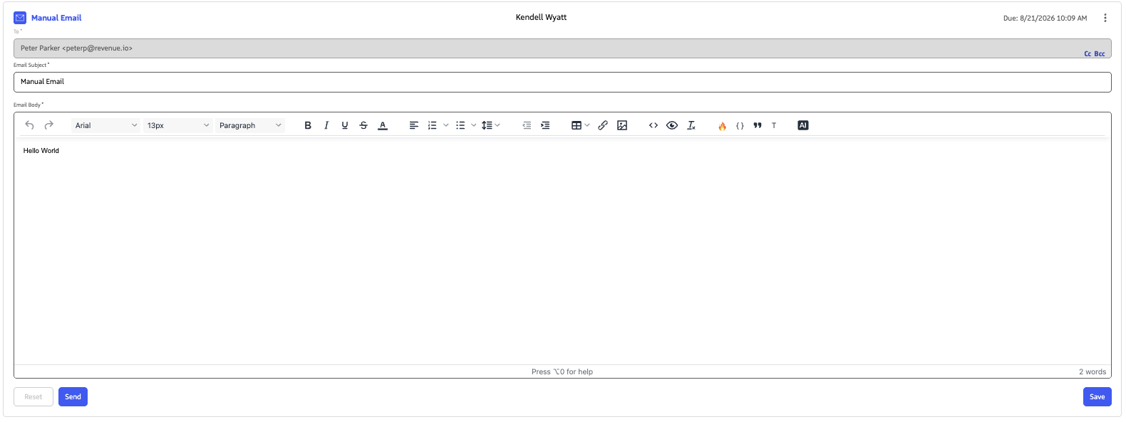 Expanded upcoming email action showing the email editor and Templates button.
