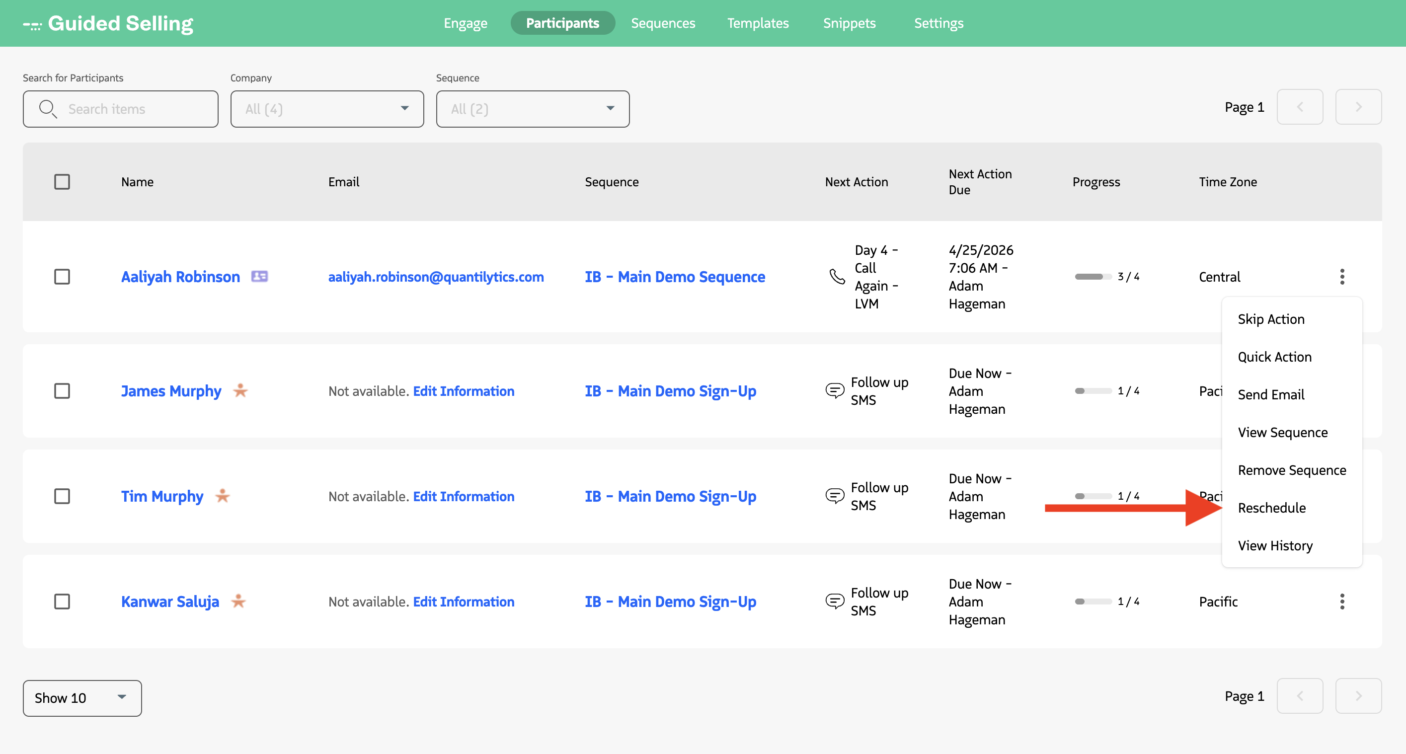 Reschedule option in the Participants tab action menu