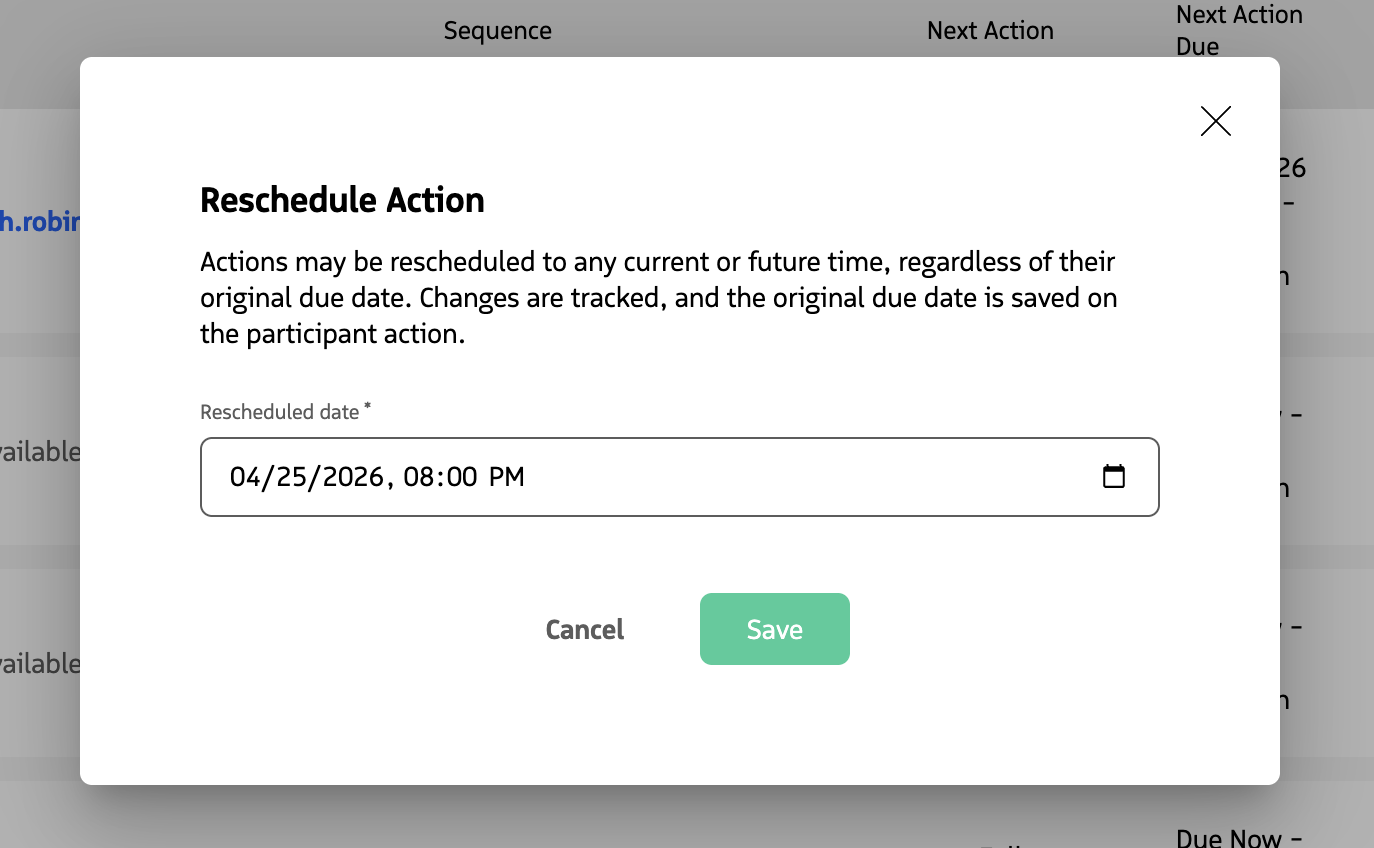 Date and time picker in the Participants tab reschedule workflow
