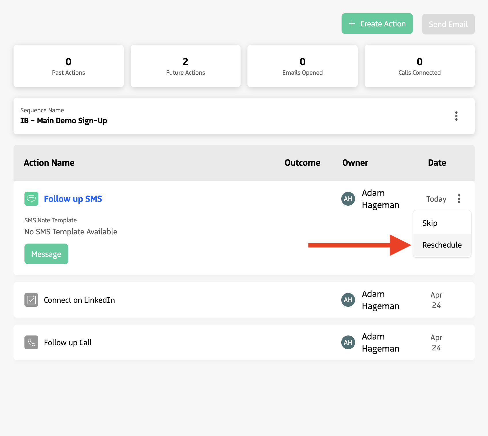 Reschedule option in the Participant Overview Module action menu