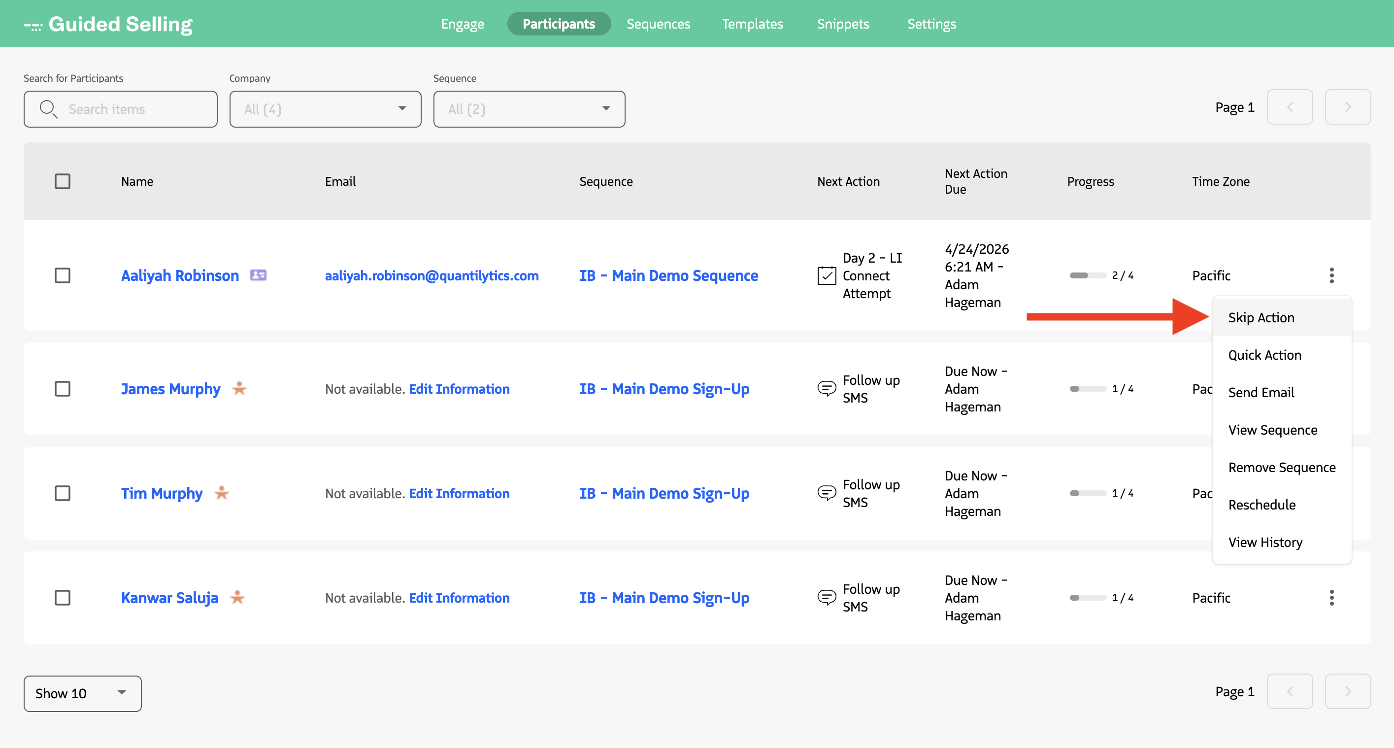 Skip option in the Participants tab action menu