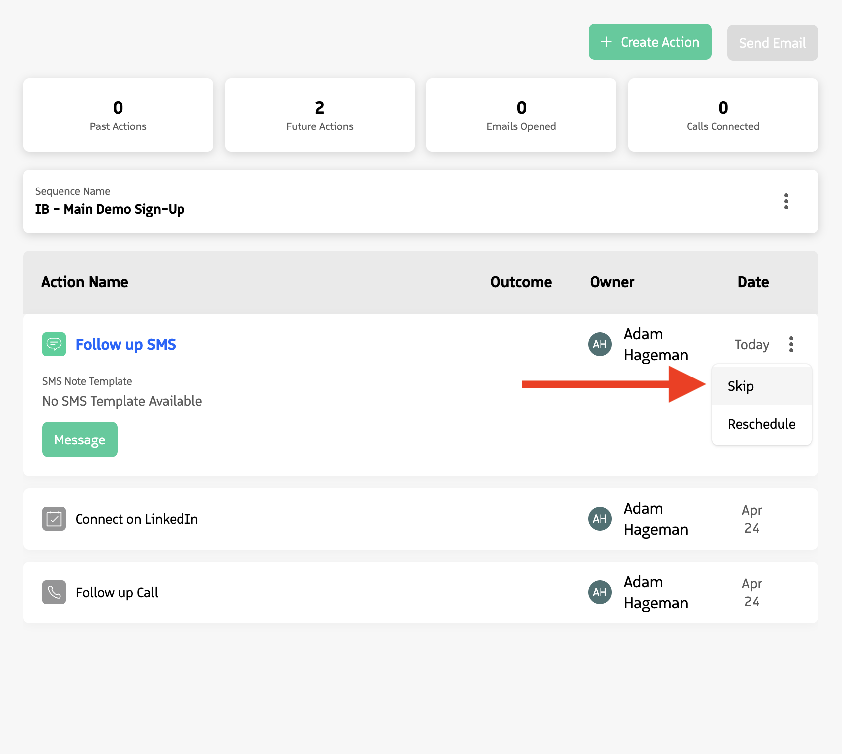 Skip option in the Participant Overview Module action menu