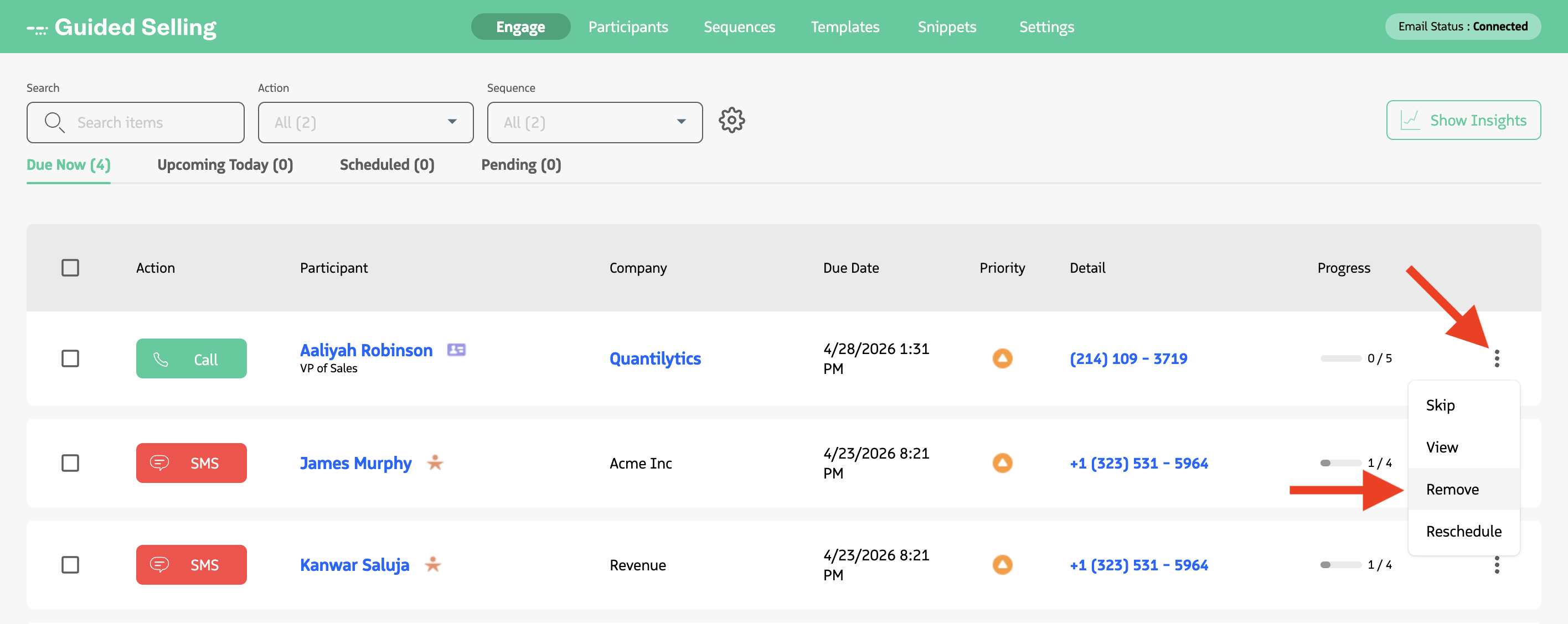 Engage View with the option to Remove a Participant selected.