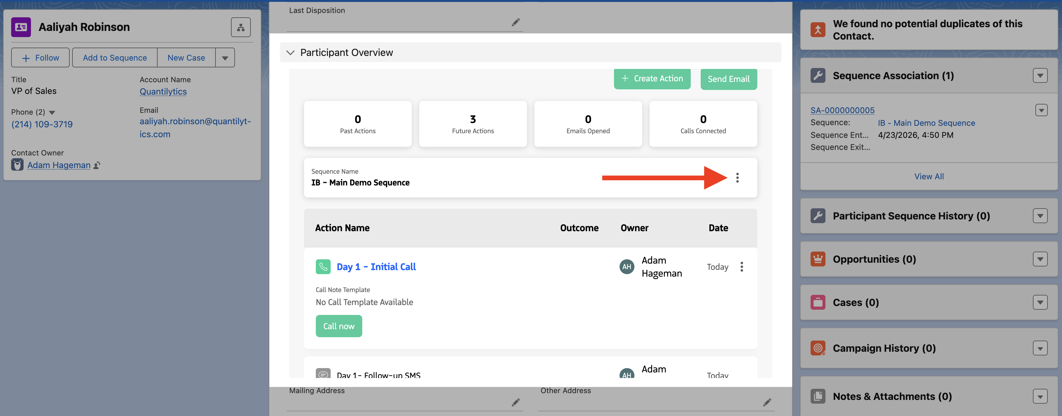 Participant Overview module with an active Sequence enrollment.
