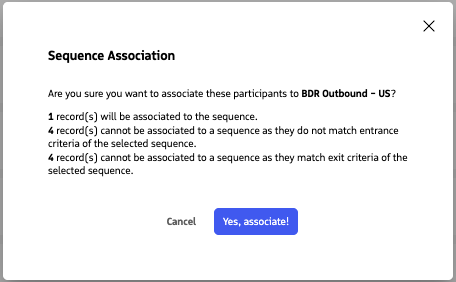 Sequence Association confirmation showing how many selected records can be associated with the sequence.