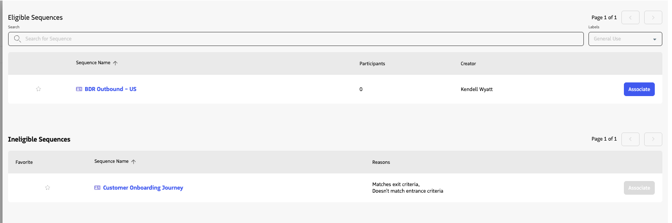 Add to Sequence drawer showing Eligible Sequences with Search, filtering options, and Associate buttons.