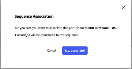 Sequence Association confirmation showing the selected sequence and Yes, associate button.