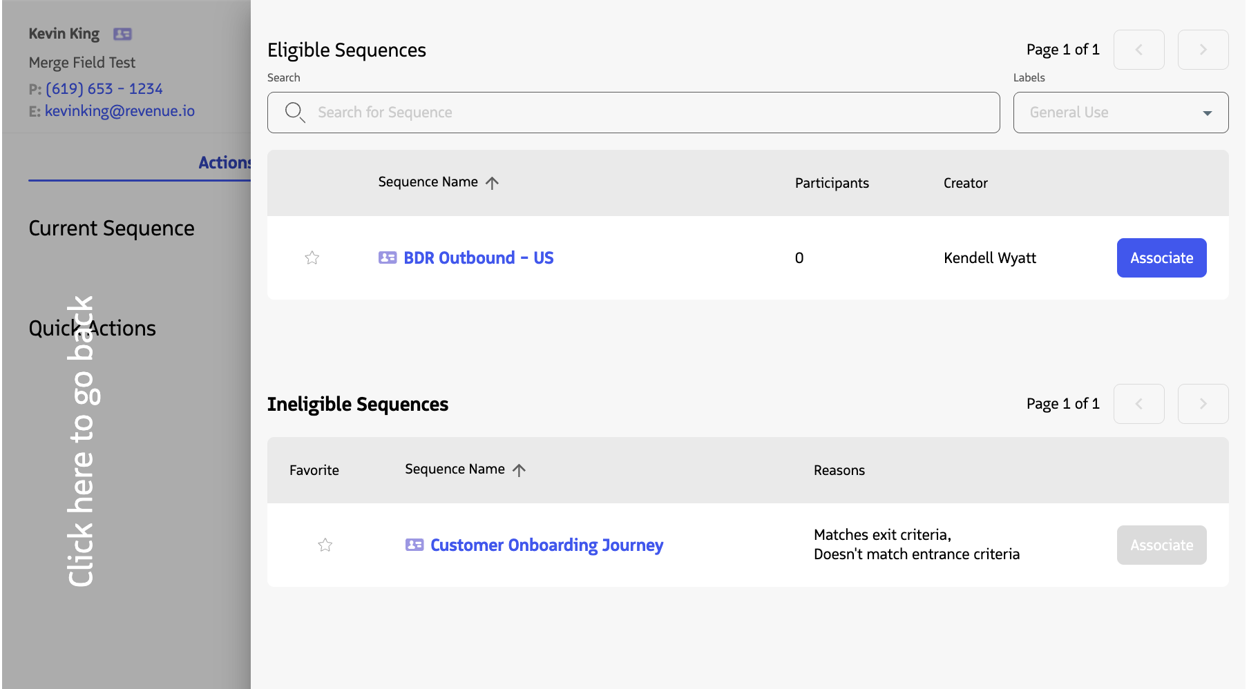 Eligible Sequences drawer showing sequences available to associate with the participant.