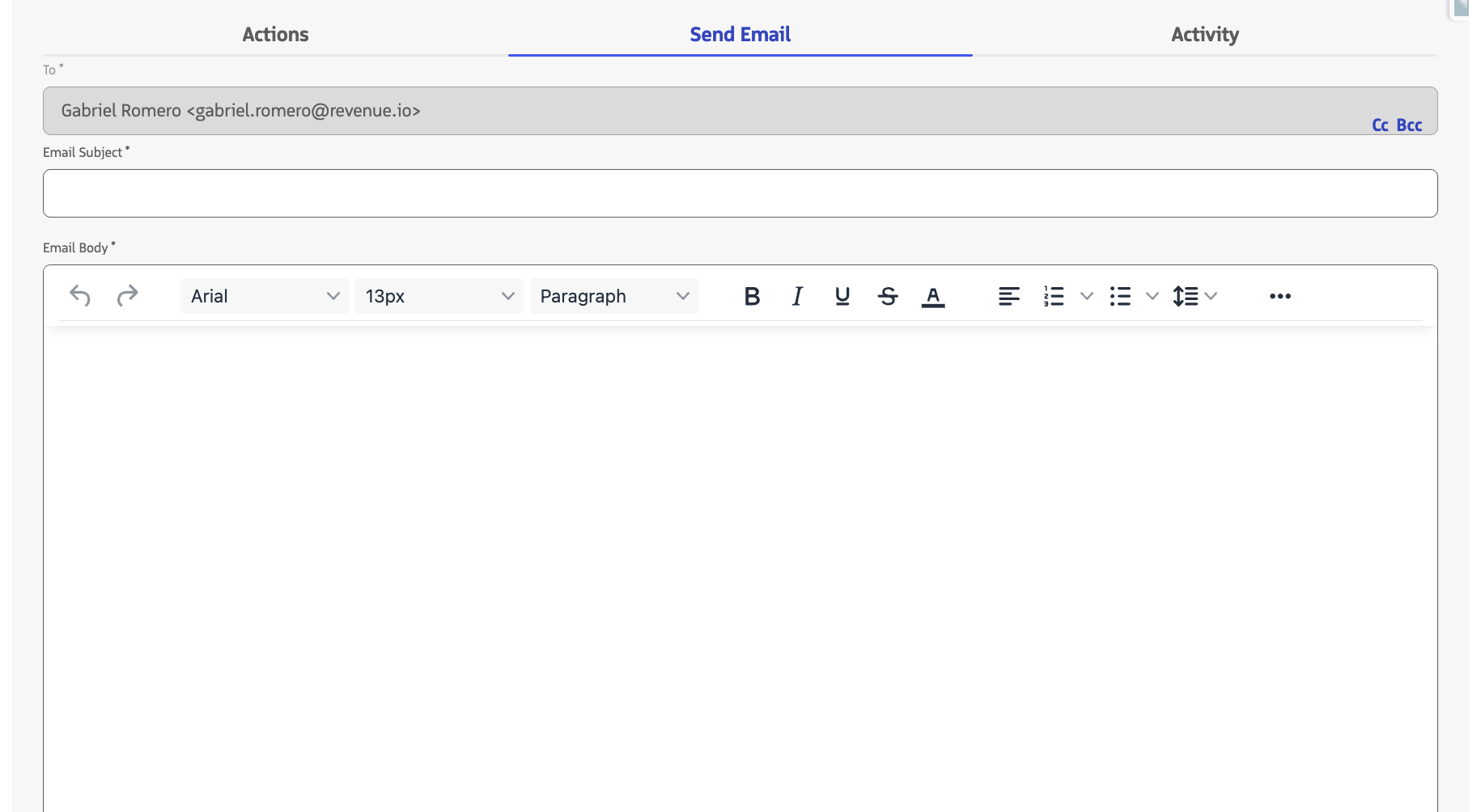 Participant Overview Send Email tab showing the recipient, email subject, email body editor, and Cc and Bcc options.