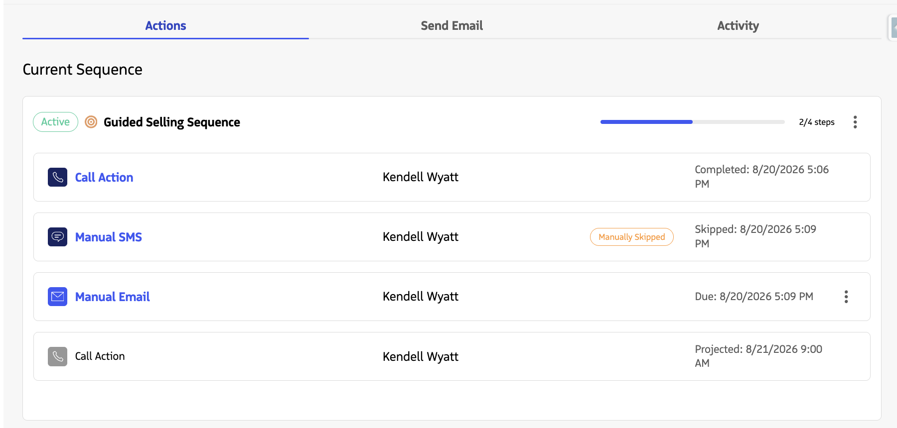 Participant Overview showing an active sequence with a 2 of 4 steps progress bar and completed, skipped, due, and projected participant actions.