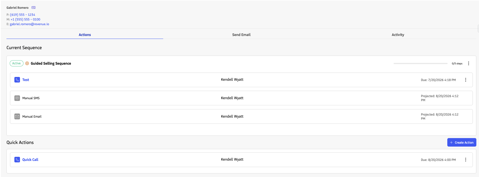 Participant Overview showing participant details, Actions, Send Email and Activity tabs, Current Sequence progress, sequence actions, and Quick Actions.