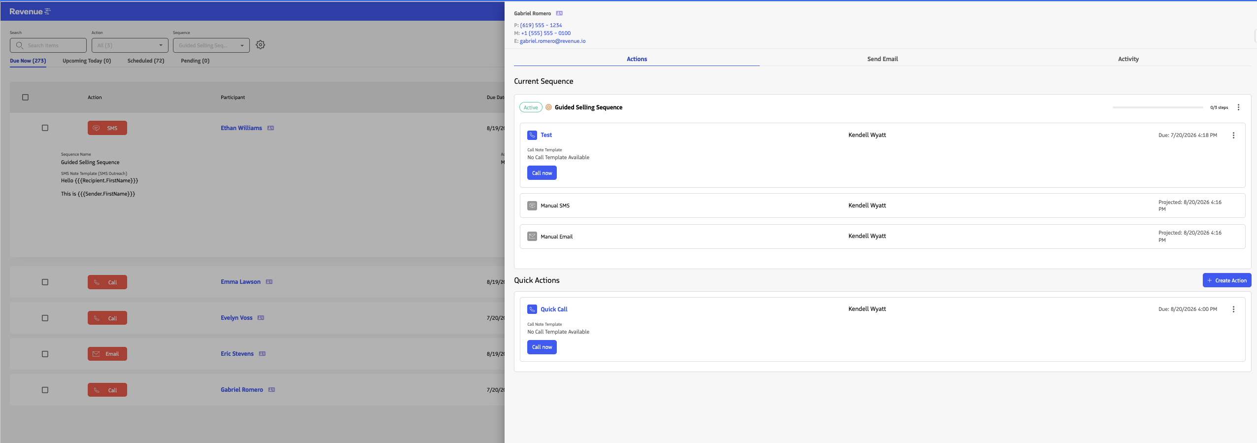 Participant drawer in Engage showing participant details and the Actions, Send Email, and Activity tabs.