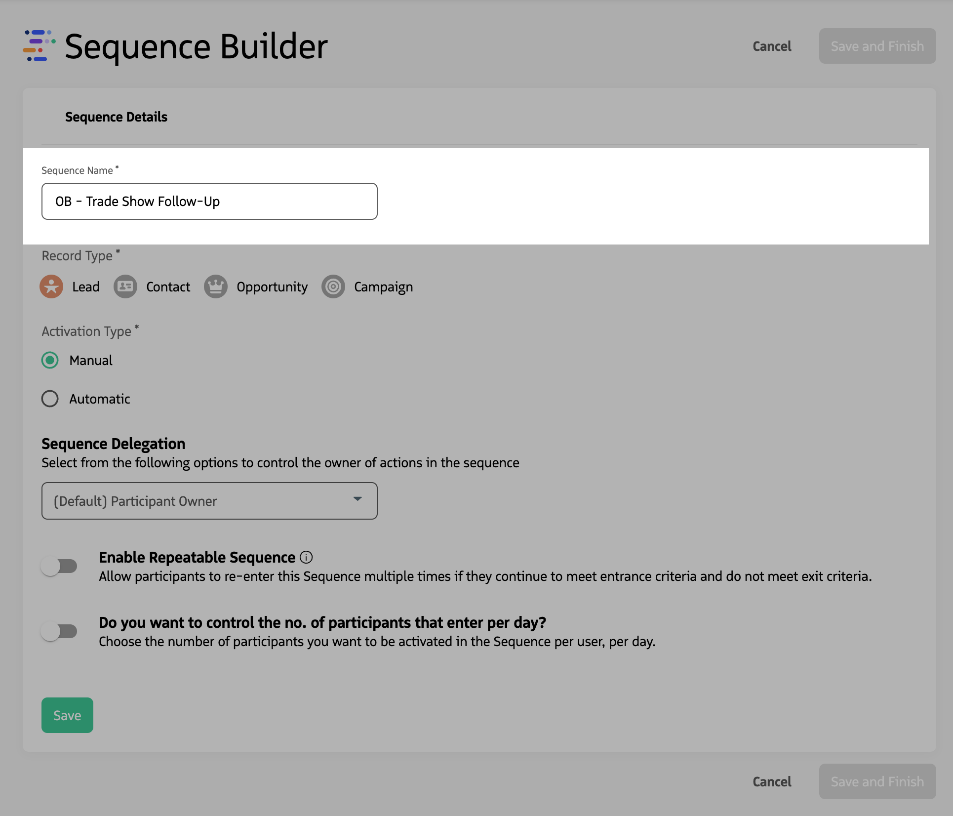 Sequence name field or create-screen header.