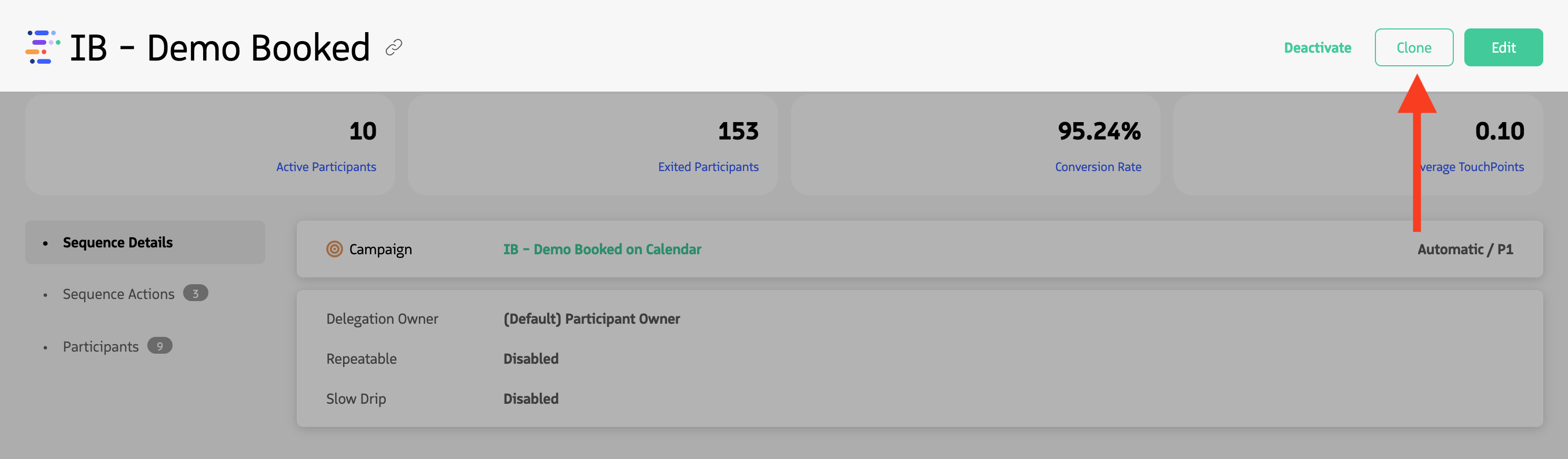Sequence header with sequence name and Activate, Deactivate, Clone, and Edit buttons.