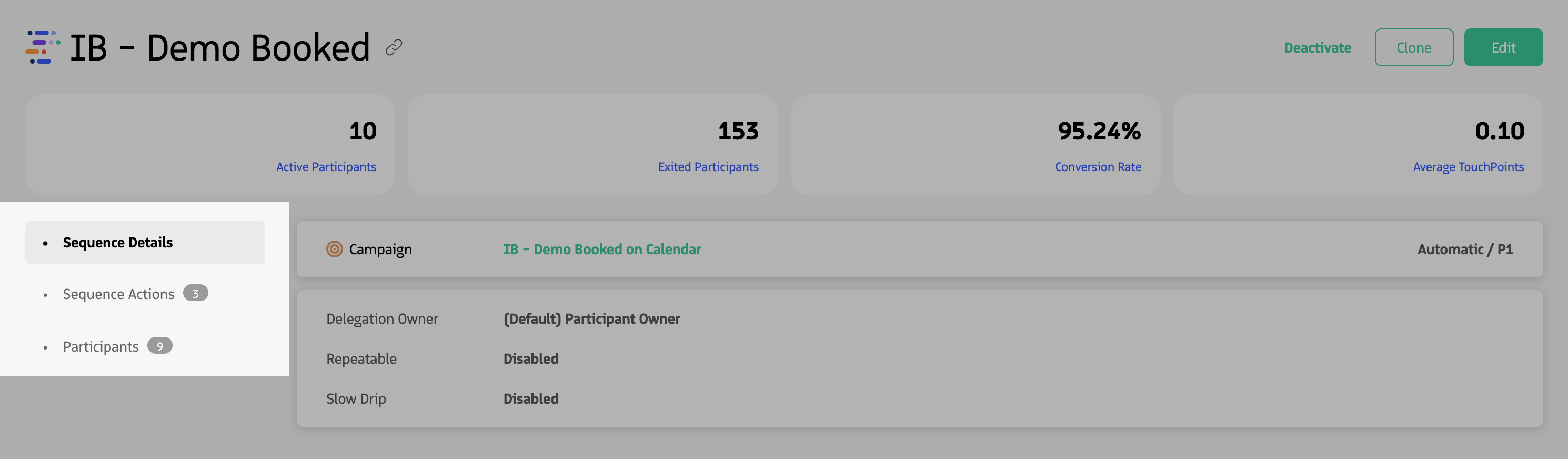 Left vertical menu with Sequence Details, Sequence Actions, and Participants options and main content area.