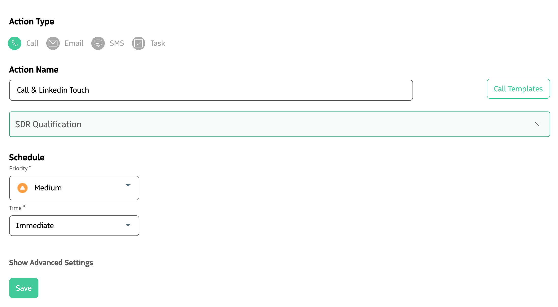 Screenshot of the advanced action settings panel in a Guided Selling sequence.