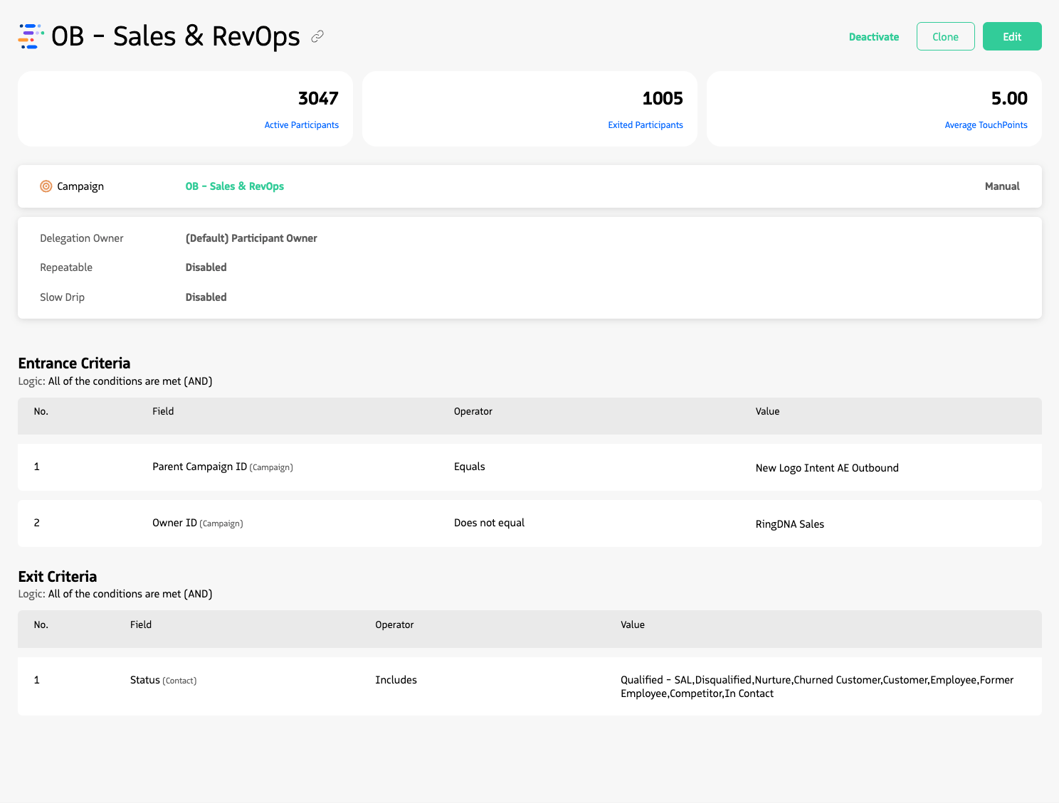 Screenshot of a Guided Selling sequence showing entry and exit criteria.