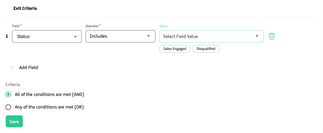 Screenshot example showing exit criteria in the Guided Selling UI, set to remove leads with 'Warm' rating.