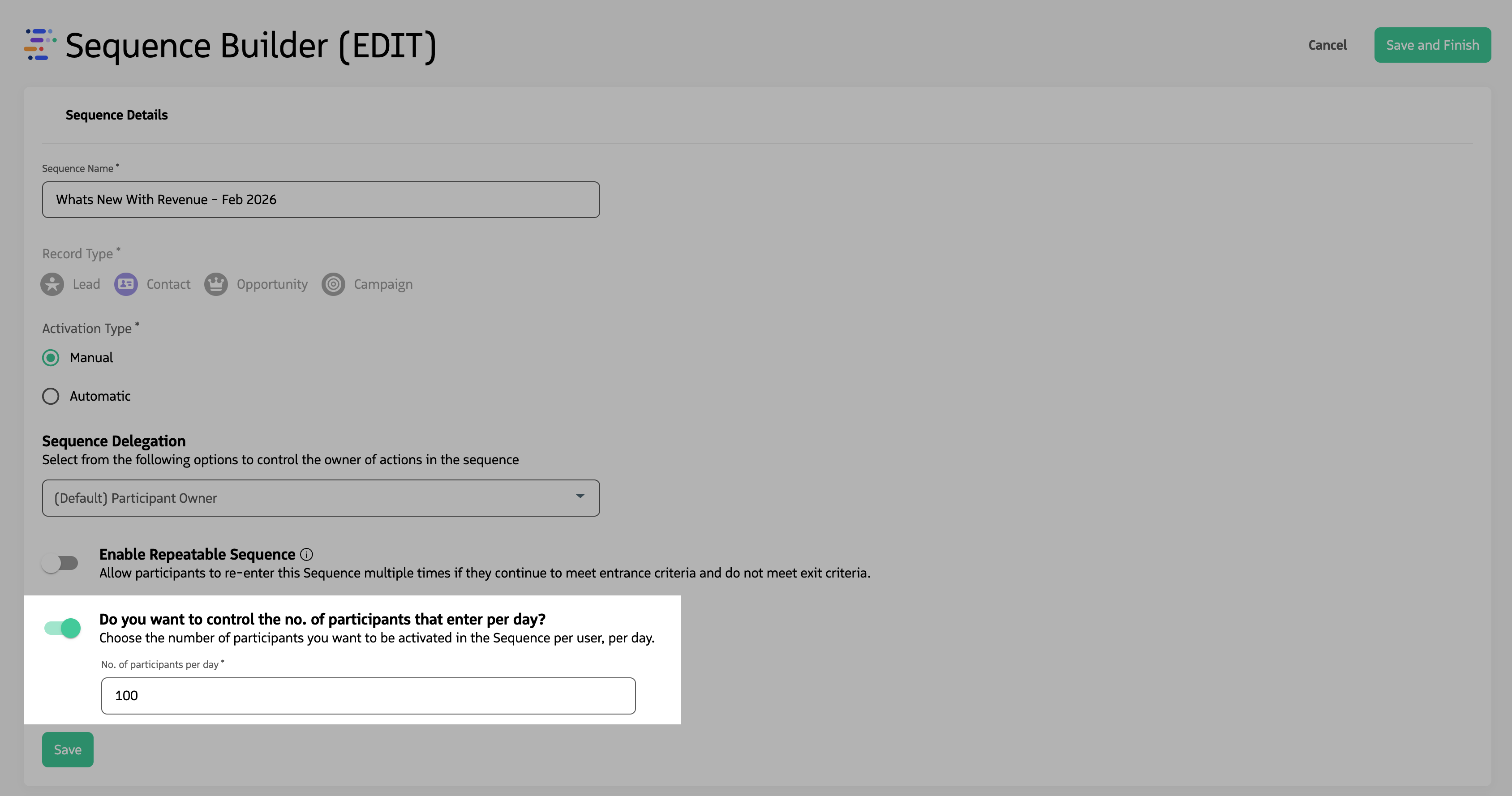 Screenshot of the Slow Drip setting on a sequence: toggle for controlling participants per day and field for the daily number.